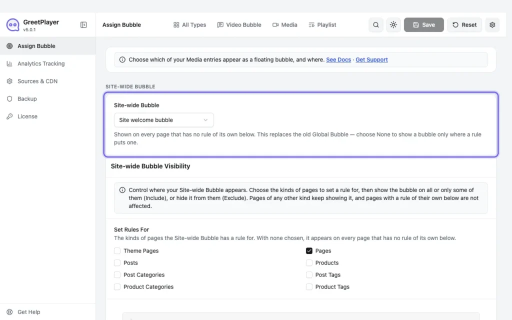 Settings Assign Bubble with the Site-wide Bubble selected