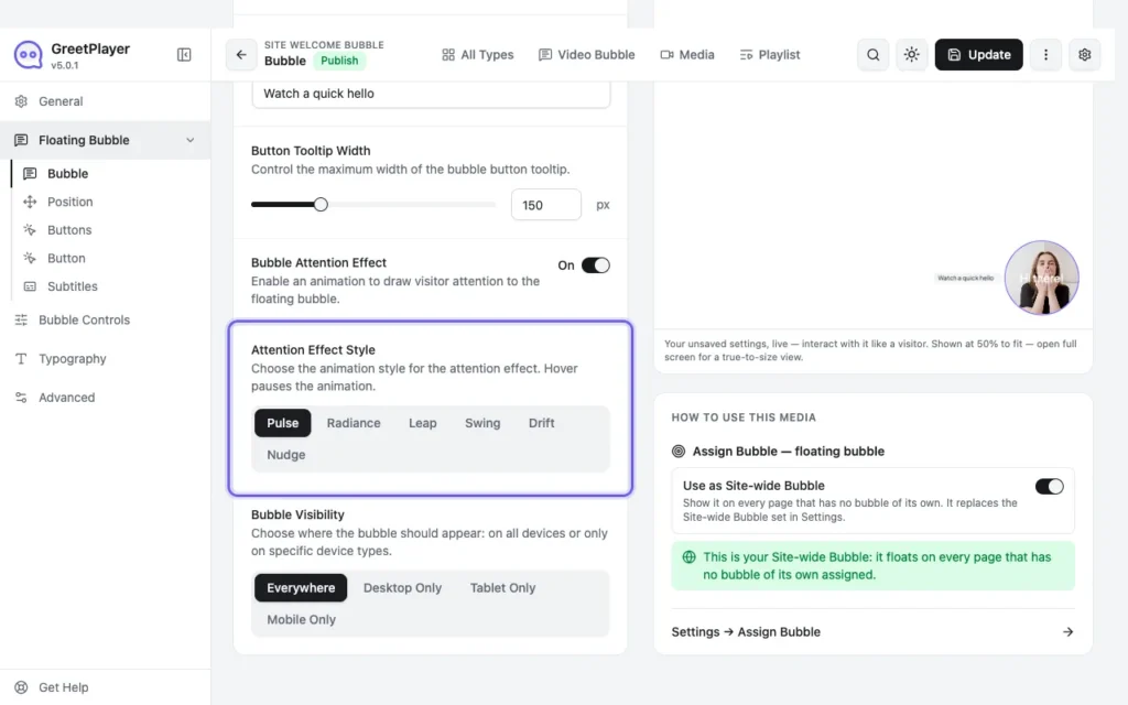 The Attention Effect Style options: Pulse, Radiance, Leap, Swing, Drift and Nudge