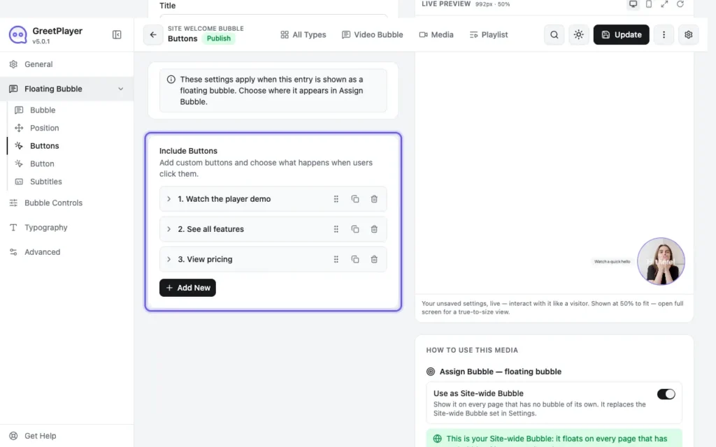 The Floating Bubble Buttons tab with Include Buttons and three buttons