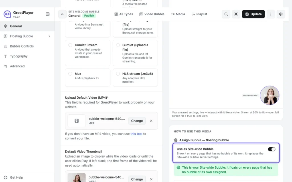 The Use as Site-wide Bubble switch in the bubble editor