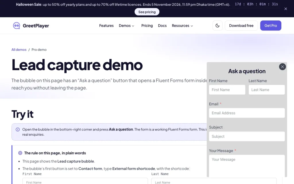 A Fluent Forms contact form opened inside a video bubble