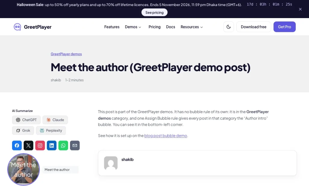 A blog post with the author bubble in the bottom-left corner