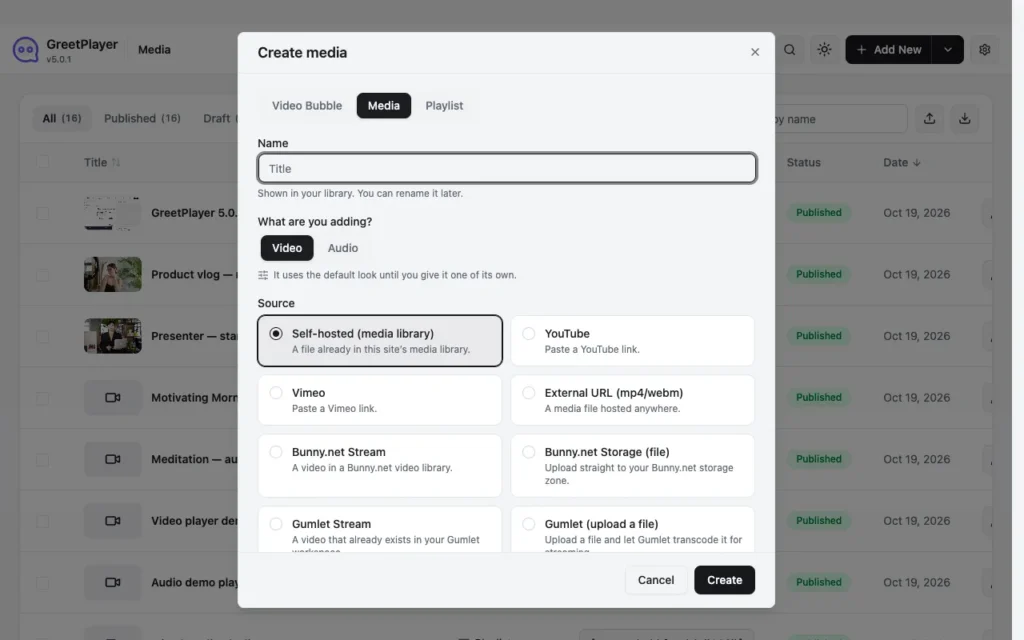 The Add New dialog with the Media tab selected, showing Video and Audio types