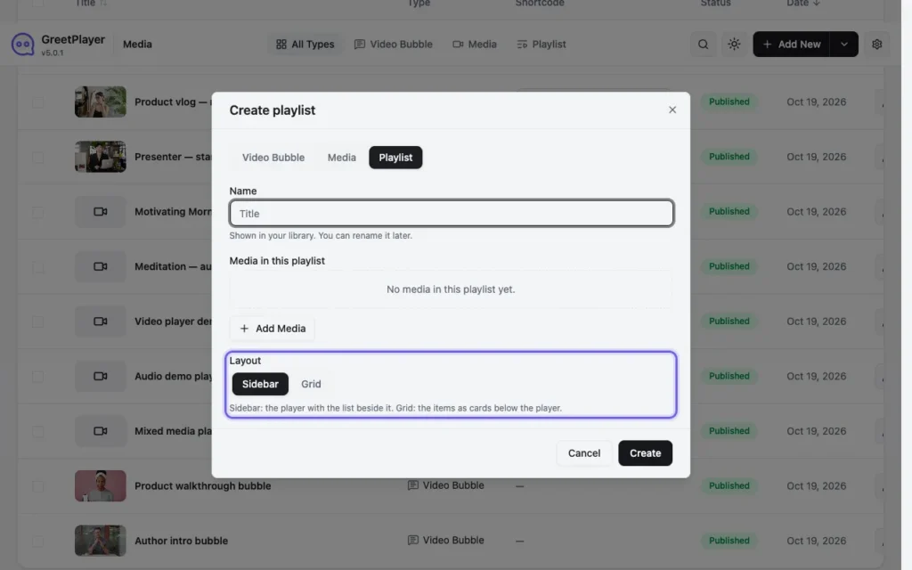 The Add New dialog with the Playlist tab, Name field and Layout options