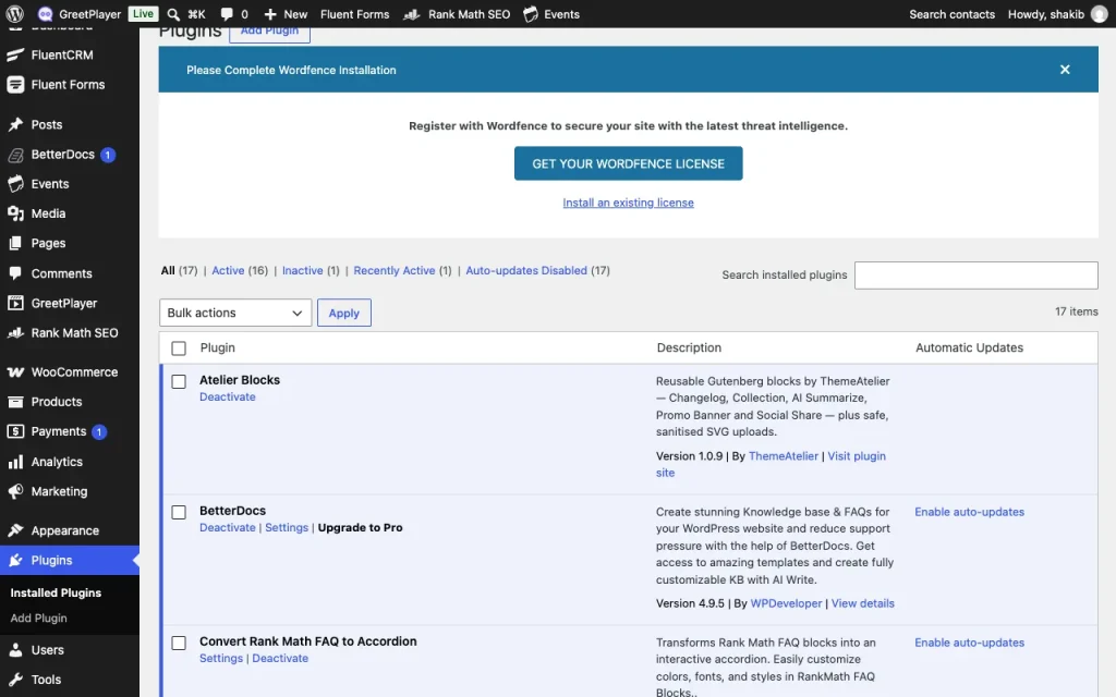 The WordPress Plugins screen with GreetPlayer and GreetPlayer Pro active