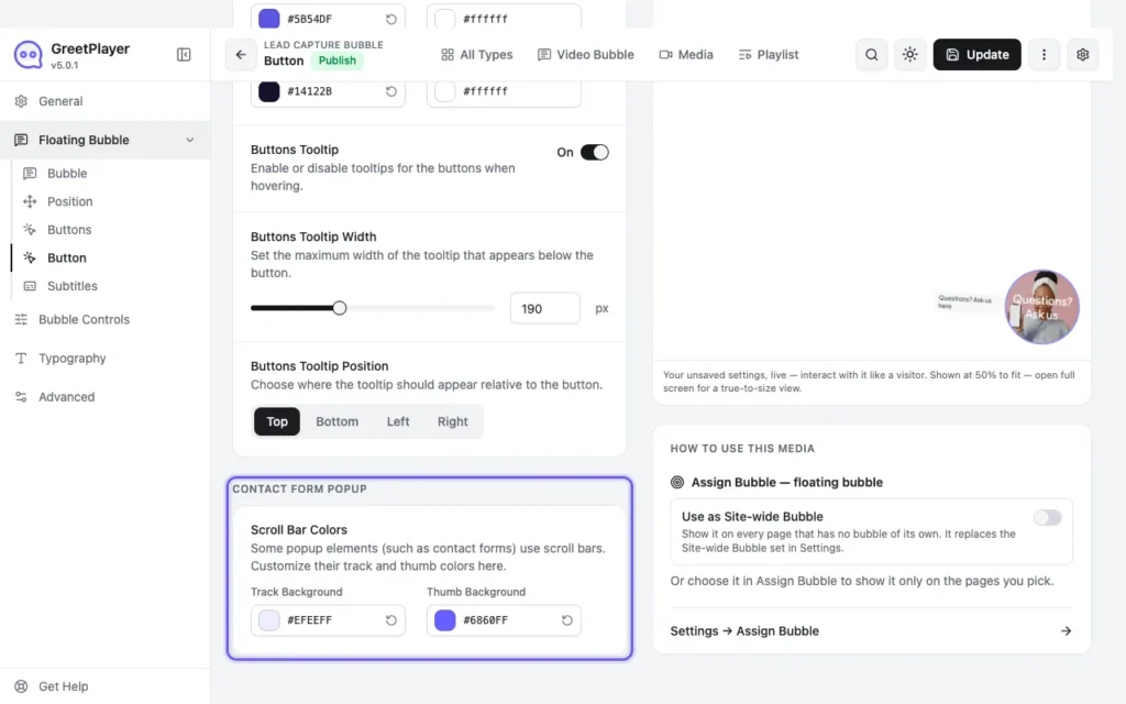The Contact Form Popup style options in the Floating Bubble Button tab
