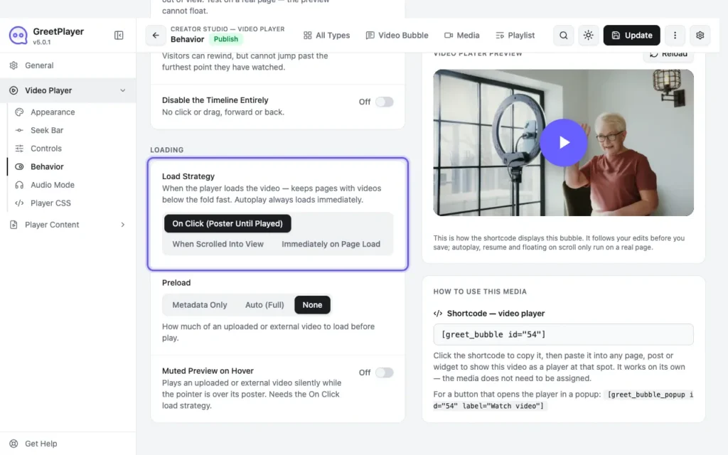 The Behavior tab with Load Strategy highlighted