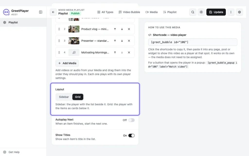 The playlist Layout option set to Grid, with Autoplay Next and Show Titles