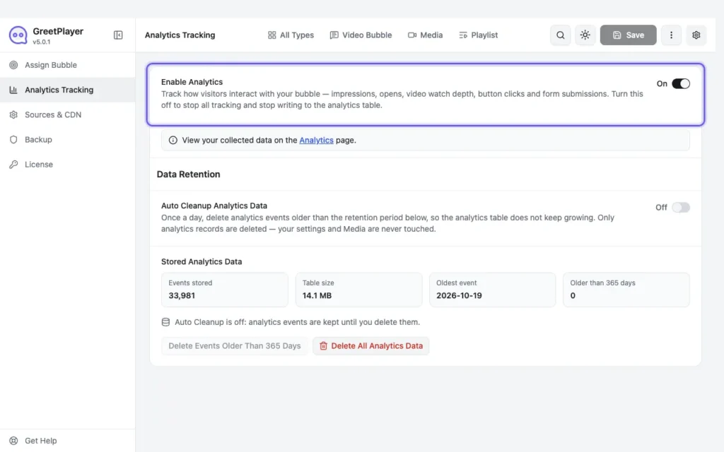 Settings Analytics Tracking with Enable Analytics and data retention options